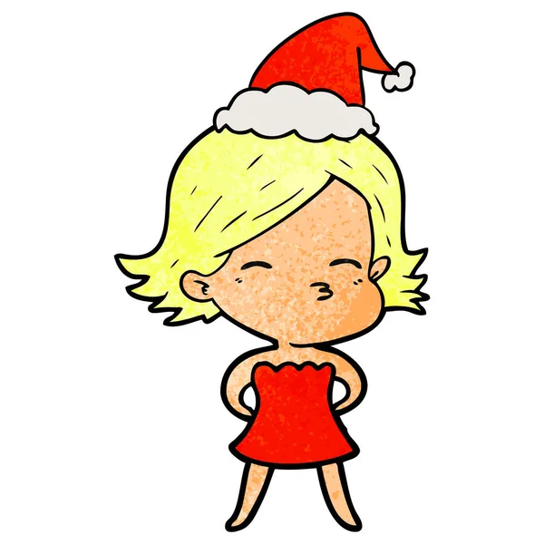 Dessin animé texturé d'une femme portant un chapeau de Père Noël — Image vectorielle