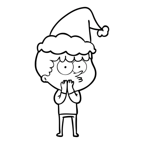 Line drawing of a curious boy wearing santa hat — Stock Vector
