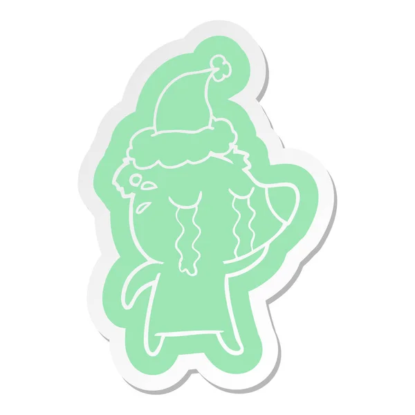 Cartoon  sticker of a crying bear wearing santa hat — Stock Vector