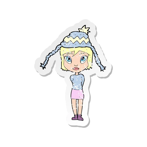 Retro adesivo angosciato di una donna dei cartoni animati che indossa cappello invernale — Vettoriale Stock