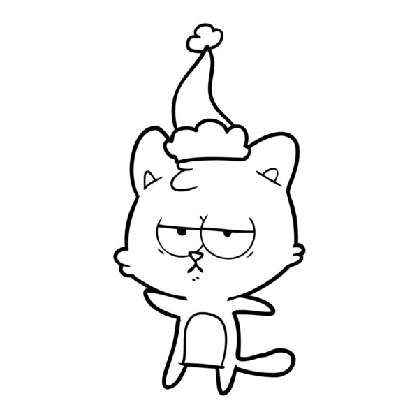 Línea aburrida dibujo de un gato con sombrero de santa — Vector de stock