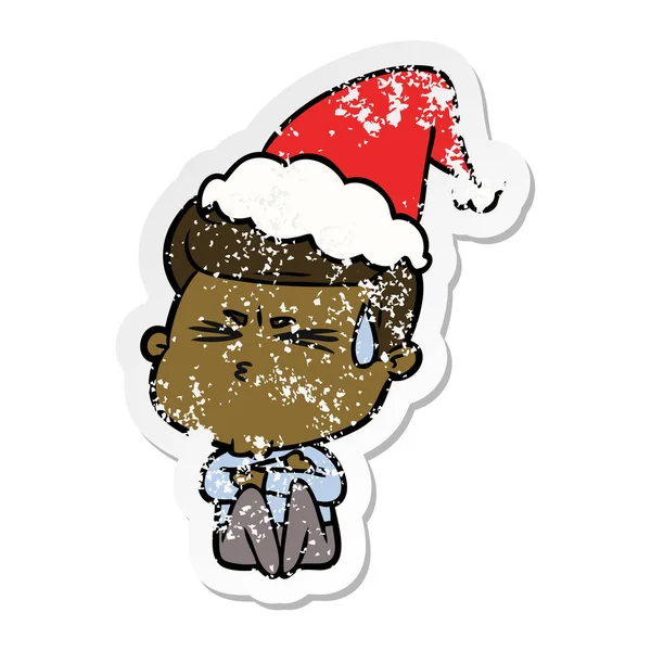 Hand Getrokken Verdrietig Sticker Cartoon Van Een Man Dragen Kerstmuts — Stockvector