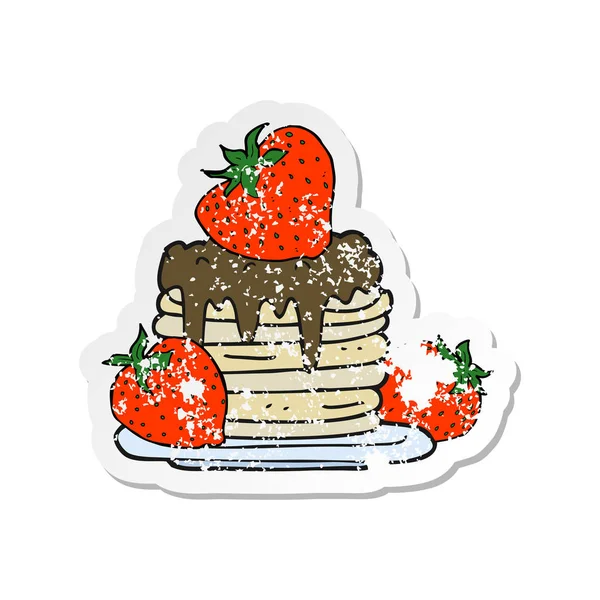 Retro Aufkleber Eines Cartoon Pfannkuchenstapels Mit Erdbeeren — Stockvektor