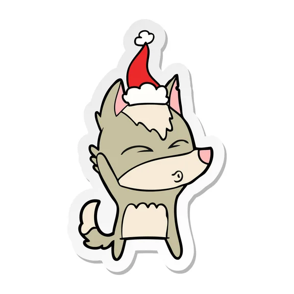 Hand Drawn Sticker Cartoon Wolf Whistling Wearing Santa Hat — Stock Vector