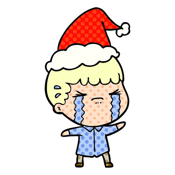 Hand Drawn Comic Book Style Illustration Man Crying Wearing Santa — Stock Vector