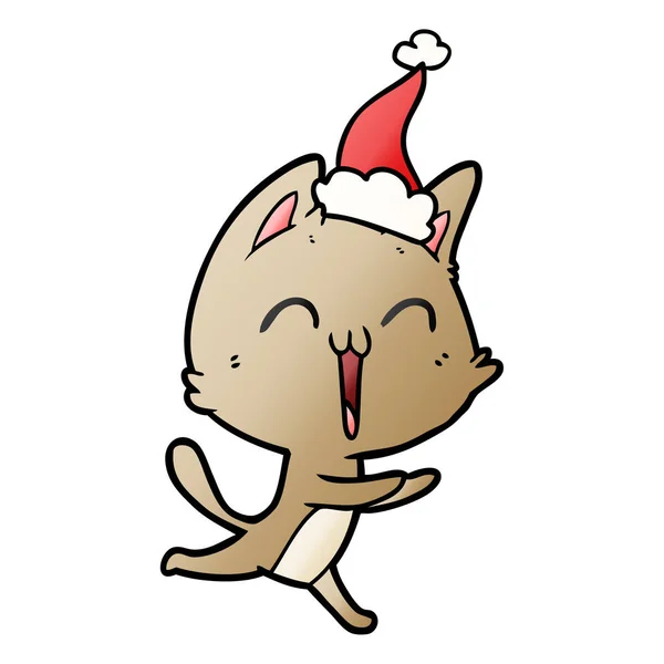 Dibujo Animado Gradiente Dibujado Mano Feliz Gato Maullando Usando Sombrero — Vector de stock