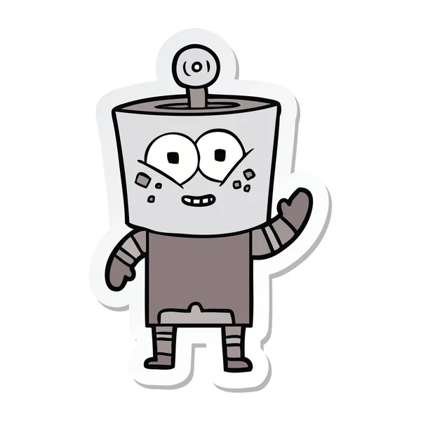 Klistermärke Glad Cartoon Robot Vinka Hej — Stock vektor