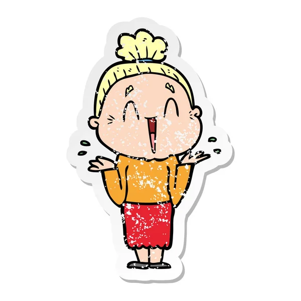Distressed Sticker Cartoon Happy Old Lady — Stock Vector