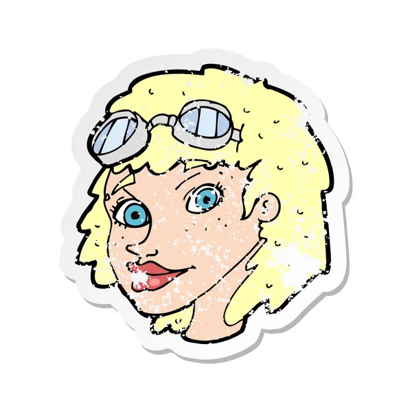 Retro angustiado adesivo de um desenho animado mulher feliz vestindo aviato —  Vetores de Stock