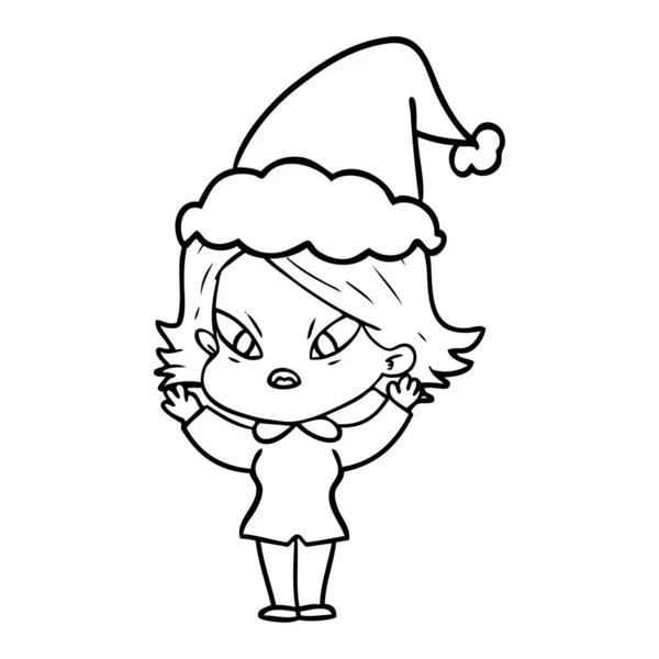 Handgezeichnete Linienzeichnung Einer Gestressten Frau Mit Weihnachtsmütze — Stockvektor