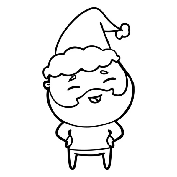 Línea de dibujo de un hombre barbudo feliz con sombrero de santa — Vector de stock