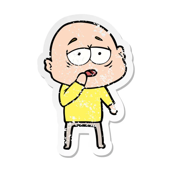 Distressed Sticker Cartoon Tired Bald Man — Stock Vector