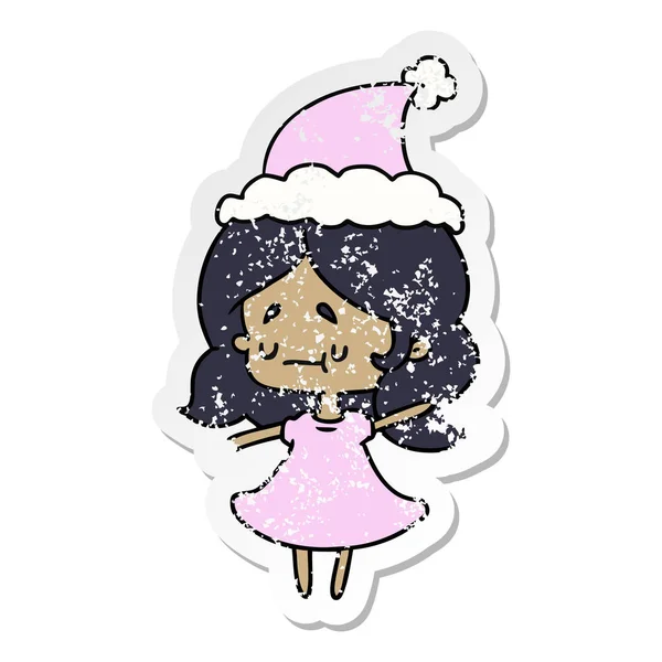 Dibujado Mano Navidad Angustiado Pegatina Dibujos Animados Chica Kawaii — Vector de stock