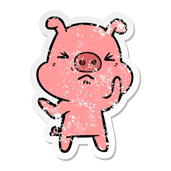 Distressed Sticker Cartoon Angry Pig — Stock Vector