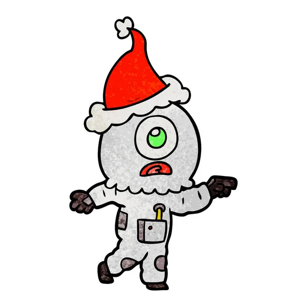 Desenhos animados texturizados de um ciclope alienígena homem espacial apontando vestindo sa — Vetor de Stock