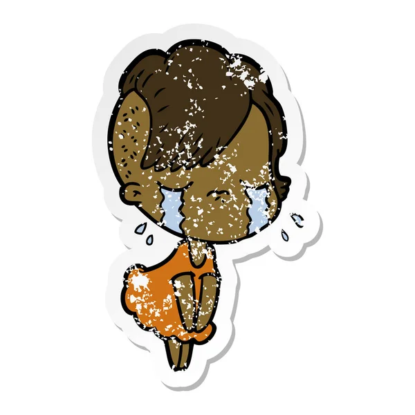 Distressed Sticker Cartoon Crying Girl — Stock Vector