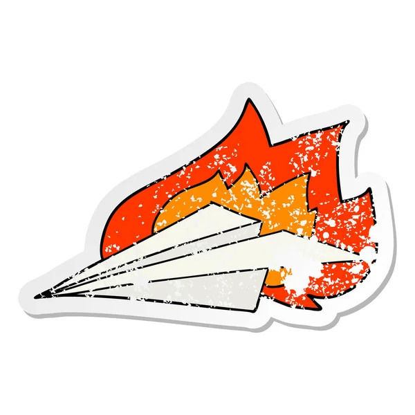 Nödställda klistermärke av en tecknad brinnande pappersflygplan — Stock vektor