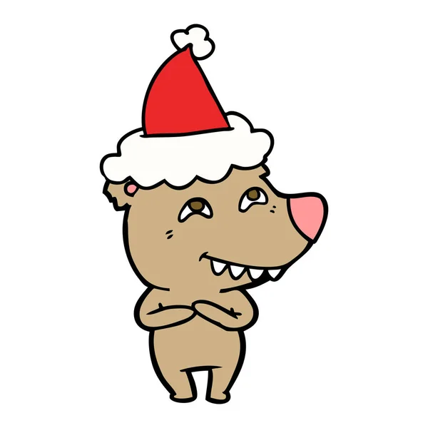 Linienzeichnung eines Bären, der Zähne mit Weihnachtsmütze zeigt — Stockvektor