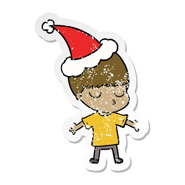 Nödställda klistermärke cartoon av en lugn pojke santa hatt — Stock vektor