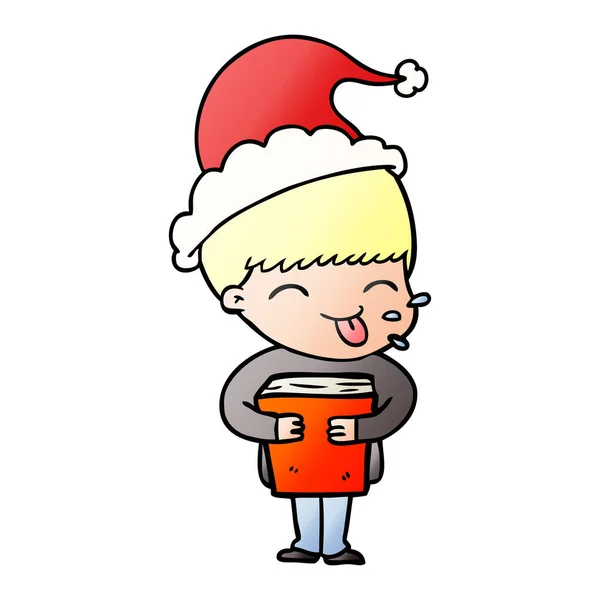 Dessin animé dégradé d'un garçon portant un chapeau de Père Noël — Image vectorielle