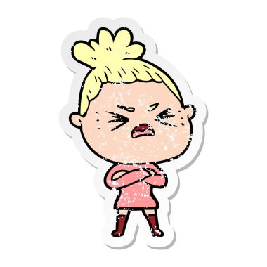 bir çizgi film kızgın kadının sıkıntılı etiket