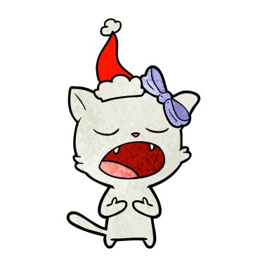 elle çizilmiş karikatür kedi meowing giyen Noel Baba şapkası, dokulu