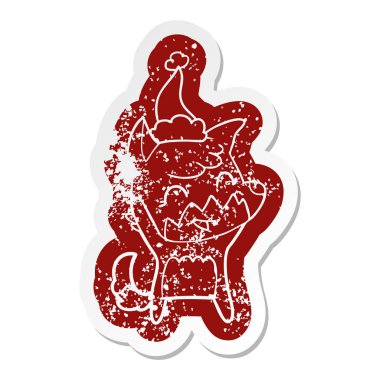 mutlu ilginç çizgi film Noel Baba şapkası giyen bir tilkinin etiket sıkıntılı