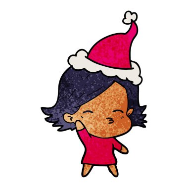 Noel Baba şapkası giyen bir kadın dokulu karikatür el çekilmiş