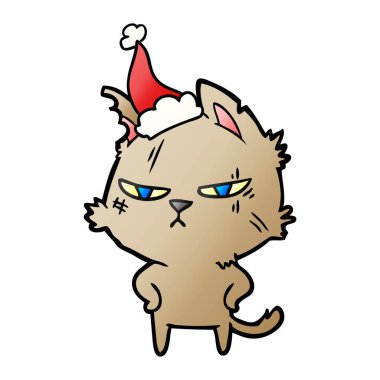 Noel Baba şapkası giyen bir kedi degrade çizgi film sert el çekilmiş