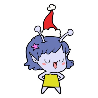 mutlu uzaylı kız el çizilen çizgi çizme giyen Noel Baba şapkası