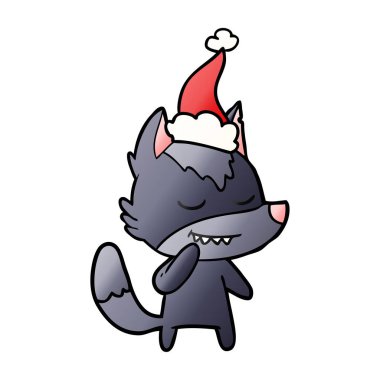 Noel Baba şapkası giyen bir kurt dostu degrade çizgi film