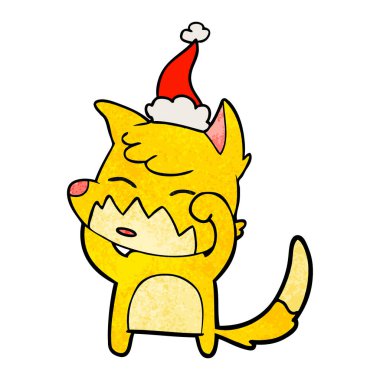 Noel Baba şapkası giyen bir tilkinin dokulu çizgi film