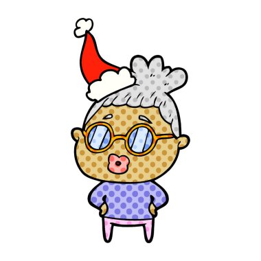 çizgi roman tarzı illüstrasyon Noel Baba şapkası giyen gözlük takan bir kütüphaneci kadının el çekilmiş