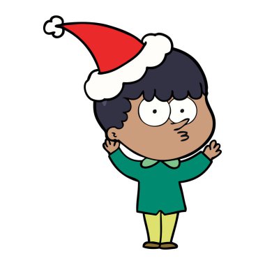 el çizim için meraklı bir çocuk Noel Baba şapkası giyiyor, çekilmiş
