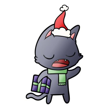 konuşan kedi el giyen Noel Baba şapkası, degrade çizgi film çekilmiş