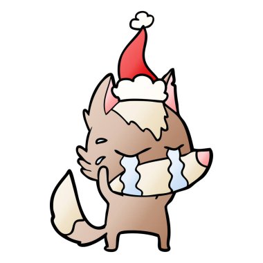 Noel Baba şapkası giyen ağlayan kurt degrade çizgi film