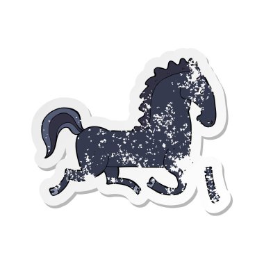 Retro sıkıntılı etiket siyah aygır çalıştıran bir karikatür