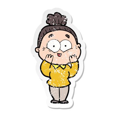 bir karikatür mutlu yaşlı kadının sıkıntılı etiket