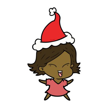 mutlu el çizim için santa şapka giymiş bir kızın çekilmiş