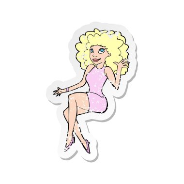 Retro sıkıntılı etiket sallayarak bir karikatür oturan kadın