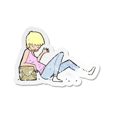 paket kutu eğilerek bir karikatür kadının Retro sıkıntılı etiket