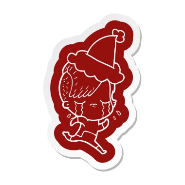 ilginç çizgi film etiketi alan giyen bir ağlayan kız elbise giyen Noel Baba şapkası