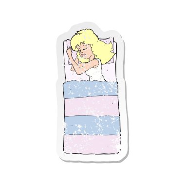 Retro etiket bir çizgi film uyuyan kadının sıkıntılı