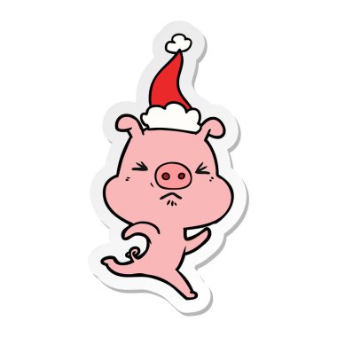 etiket karikatür rahatsız domuz giyen Noel Baba şapkası çalışan bir
