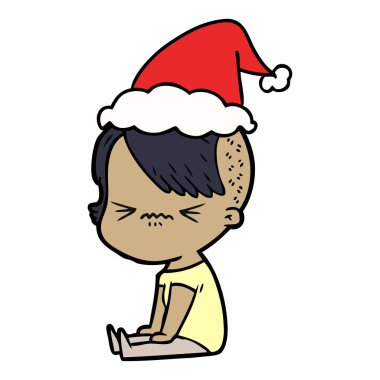 çizim için Noel Baba şapkası giyen bir rahatsız yeniyetme kızın el çekilmiş