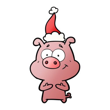 mutlu el domuz Noel Baba şapkası giyen bir degrade çizgi film çekilmiş