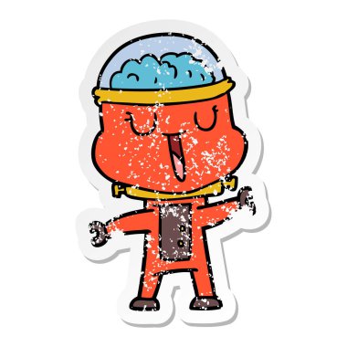 bir mutlu karikatür robot sallayarak sıkıntılı etiket