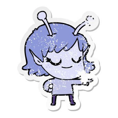 gülümseyen bir uzaylı kız karikatür sıkıntılı etiket