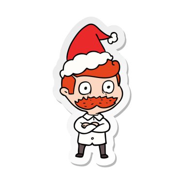 etiket karikatür Noel Baba şapkası giyen şok bıyıklı bir adam el çekilmiş