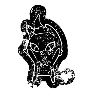 Noel Baba şapkası giyen bir kedinin ilginç karikatür sıkıntılı simgesi karıştı